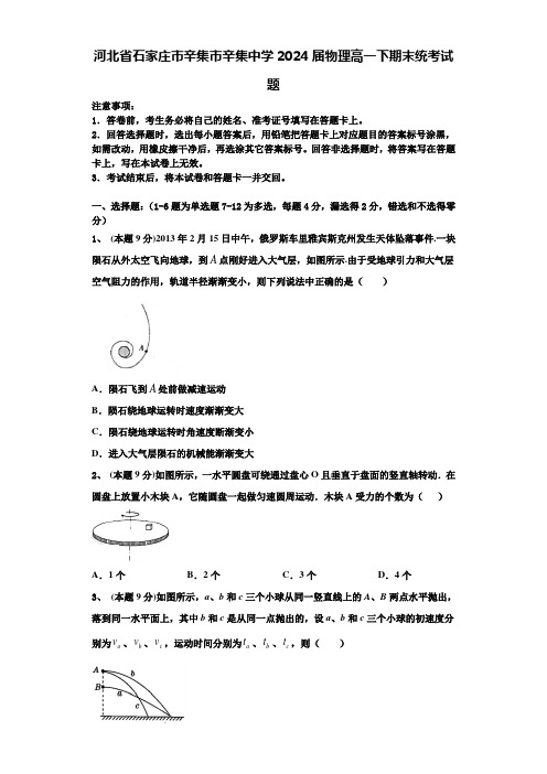 河北省石家庄市辛集市辛集中学2024届物理高一下期末统考试题含解析