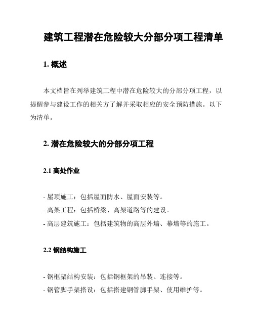 建筑工程潜在危险较大分部分项工程清单