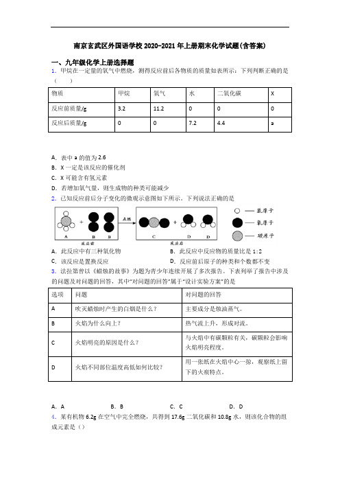 南京玄武区外国语学校2020-2021年初三化学上册期末化学试题(含答案)