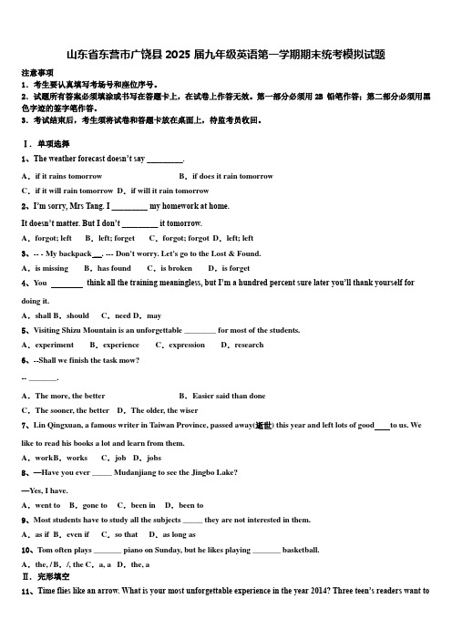 山东省东营市广饶县2025届九年级英语第一学期期末统考模拟试题含解析