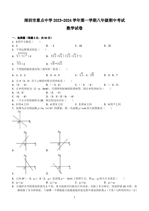 广东省深圳市重点中学2023-2024学年上学期八年级期中考试数学试卷(含解析)