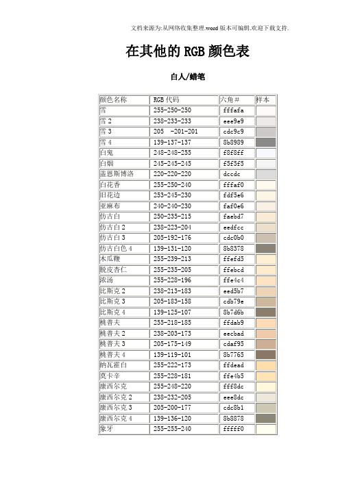 RGB颜色对照表