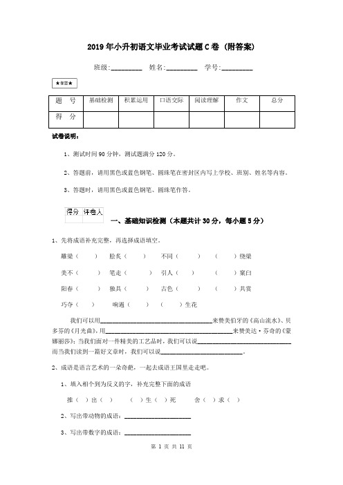 2019年小升初语文毕业考试试题C卷 (附答案)