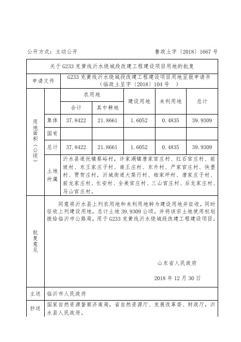 关于G233克黄线沂水绕城段改建工程建设项目用地的批复