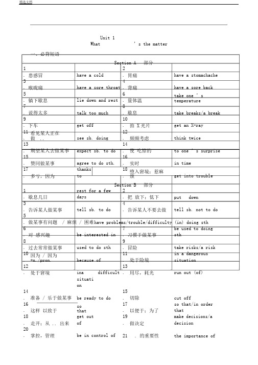 人教新目标版八年级英语下册Unit1What’sthematter短语语法知识点汇总