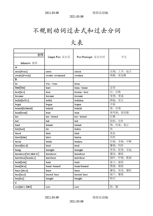 不规则动词过去式和过去分词表(含音标及中文)之欧阳法创编