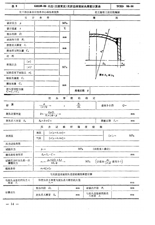 GB150-89内压(凹面受压)无折边球面封头厚度计算表