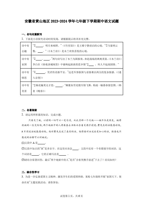 安徽省黄山地区2023-2024学年七年级下学期期中语文试题