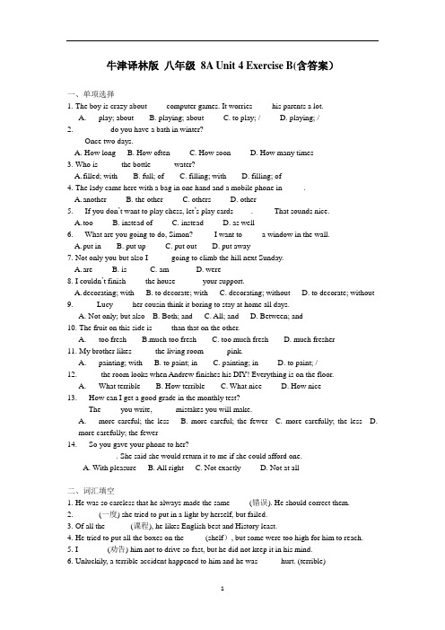 初中英语 牛津译林版 八年级 8A Unit 4 Exercise B(含答案)