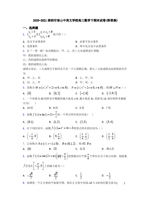 2020-2021深圳市南山中英文学校高三数学下期末试卷(附答案)