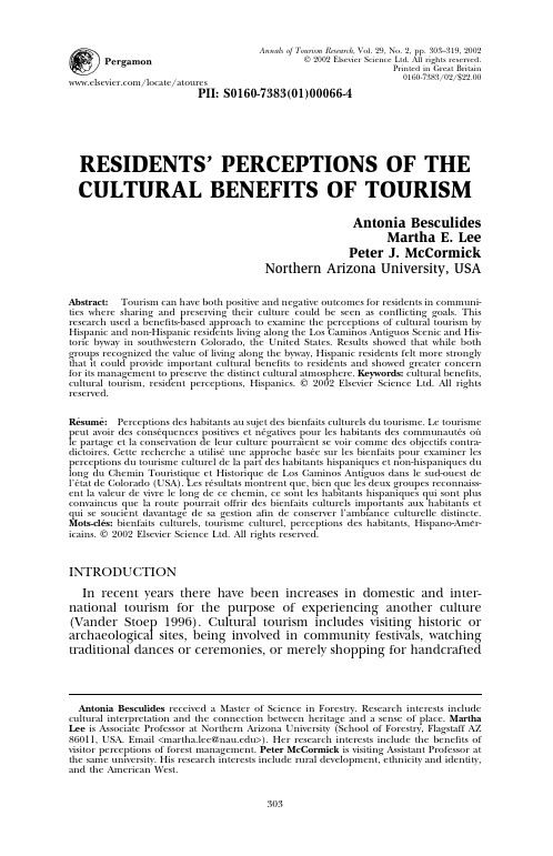 RESIDENT’S PERCEPTIONS OF THE CULTURAL BENEFITS OF TOURISM