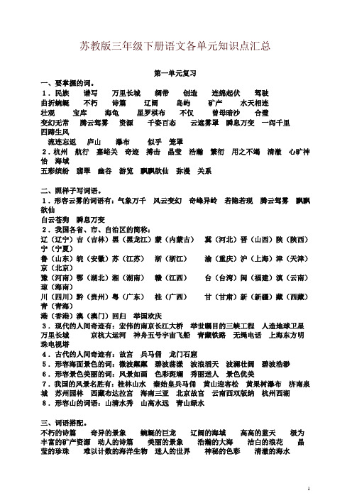 2019年最新苏教版三年级下册语文各单元知识点汇总-精品