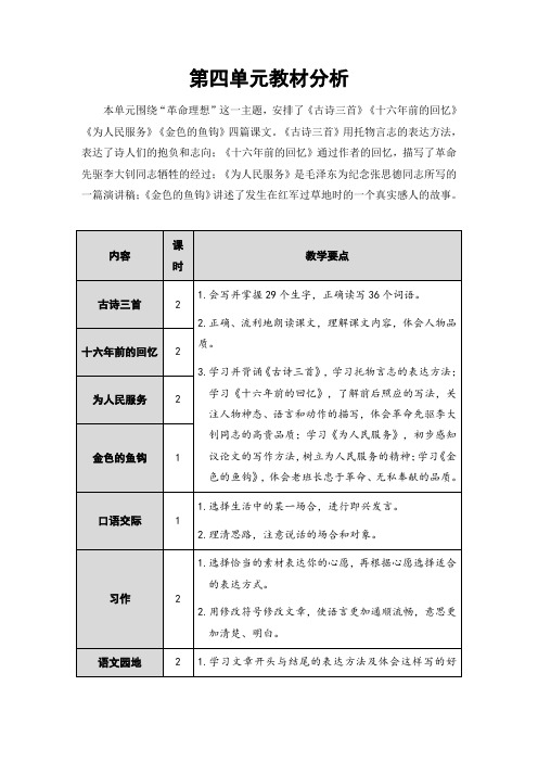 最新部编版六年级语文下册 第四单元教材分析