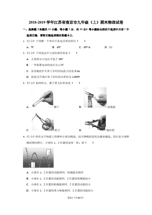 2018-2019学年江苏省南京市九年级(上)期末物理试卷