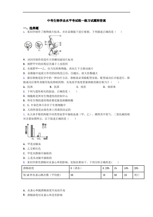 中考生物学业水平考试统一练习试题附答案