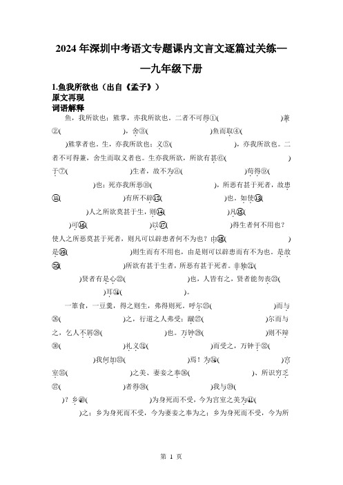 2024年深圳中考语文专题课内文言文逐篇过关练——九年级下册