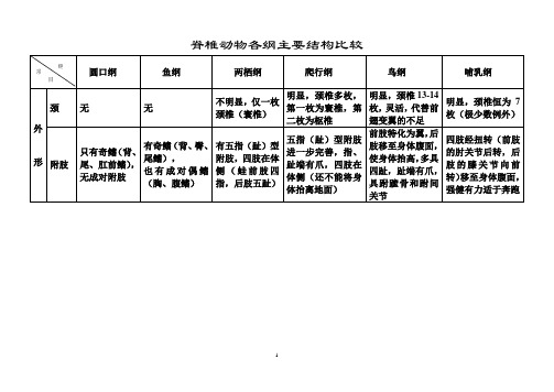 脊椎动物六纲主要结构的比较表