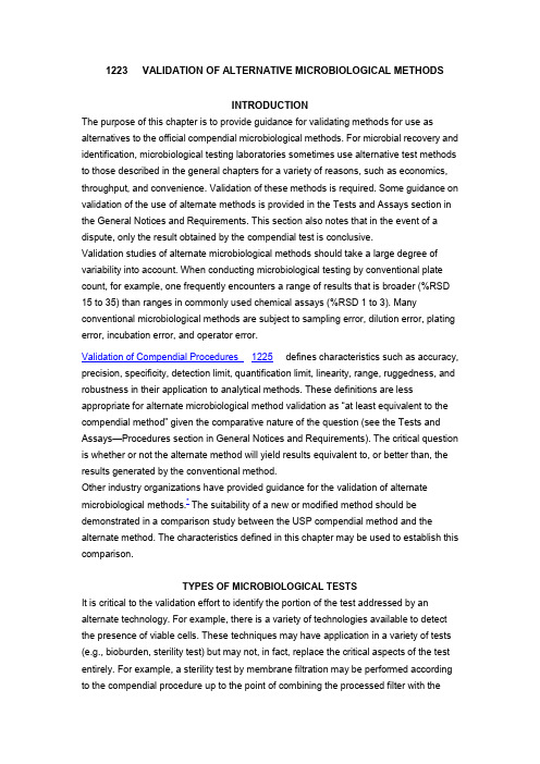 USP 1223 VALIDATION OF ALTERNATIVE MICROBIOLOGICAL METHODS