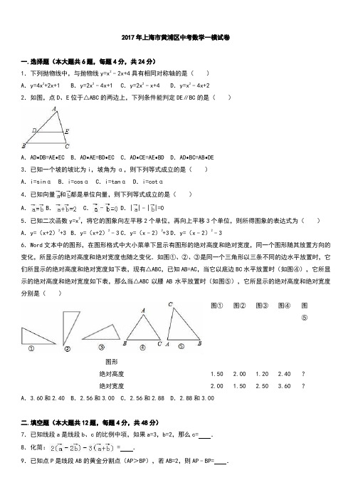 上海市黄浦区2017届中考数学一模试题 有答案