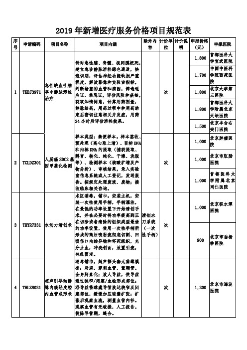 2019年新增医疗服务价格项目规范表