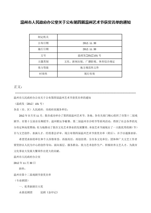 温州市人民政府办公室关于公布第四届温州艺术节获奖名单的通知-温政发[2012]101号