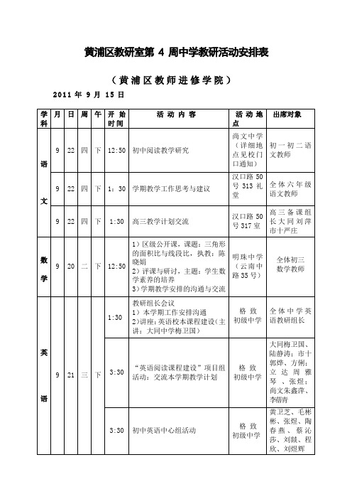 黄浦区教研室第4周中学教研活动安排表