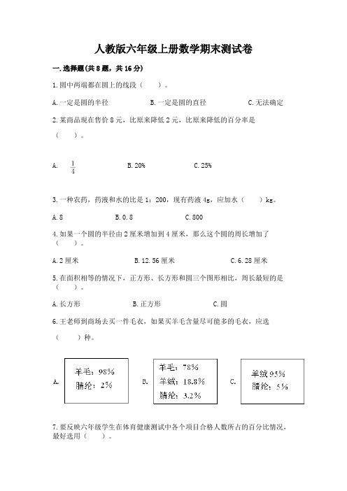 人教版六年级上册数学期末测试卷附答案(巩固)