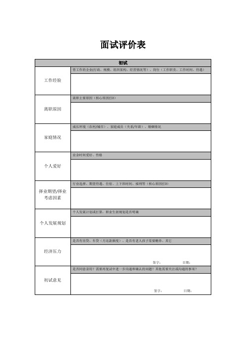 公司初试、复试、面试评价表