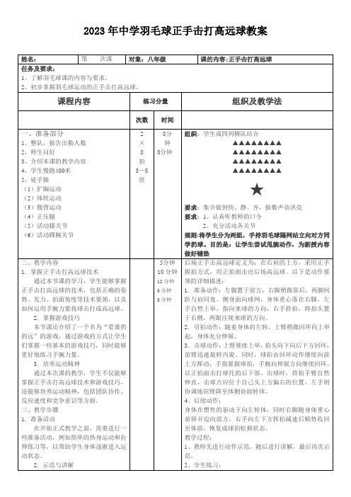 2023年中学羽毛球正手击打高远球教案