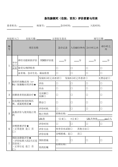 急性脑梗死(住院、首次)评价要素与用表