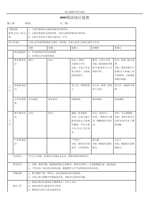 幼儿园教学周计划表