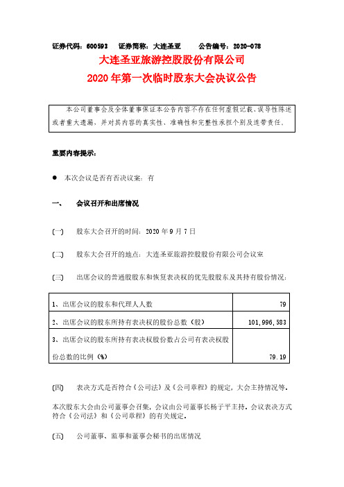 大连圣亚2020年第一次临时股东大会决议公告