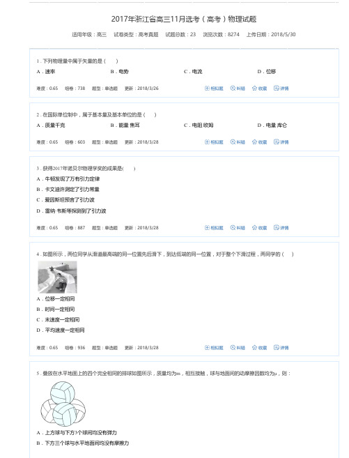 2017年浙江省高三11月选考(高考)物理试题