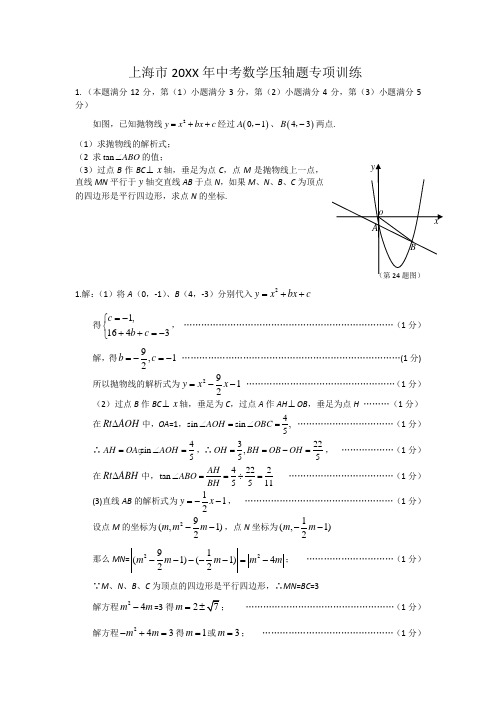 上海市中考数学压轴题专项训练(含答案)