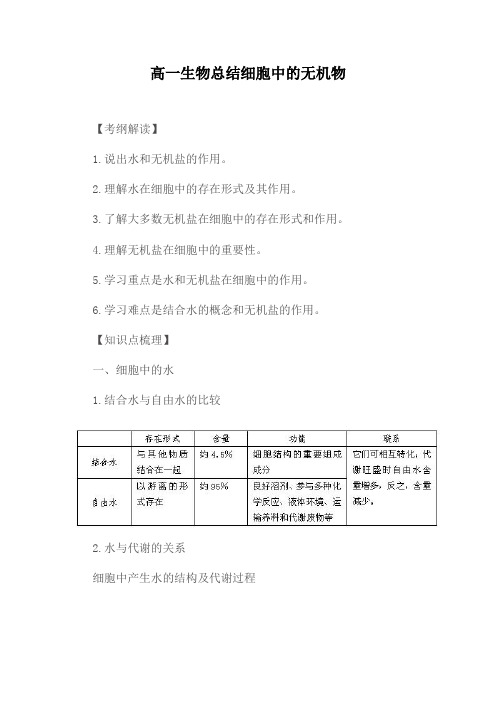 高一生物总结细胞中的无机物