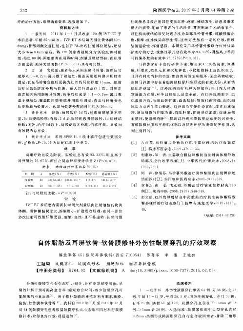 自体脂肪及耳屏软骨-软骨膜修补外伤性鼓膜穿孔的疗效观察