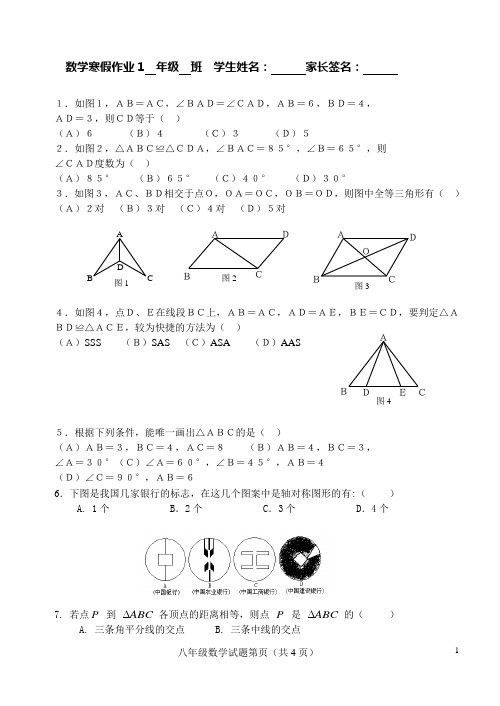 新青岛版八年级数学上册寒假作业(4份)