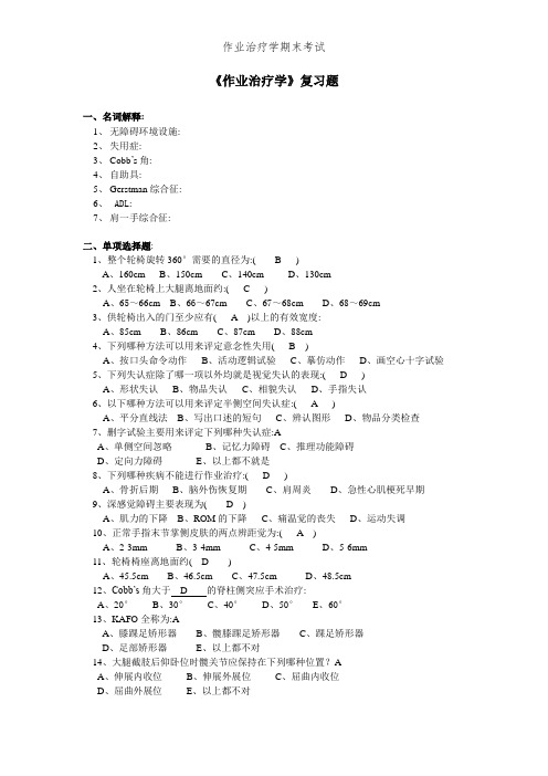 作业治疗学期末考试