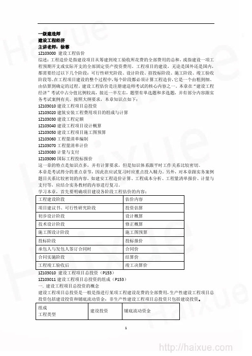 一级建造师 建设工程经济 精讲通关(19) 1Z102000 建设工程项目总投资