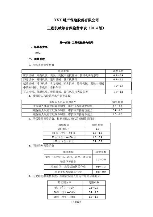 工程机械综合保险费率表(2014版) 保险条款开发