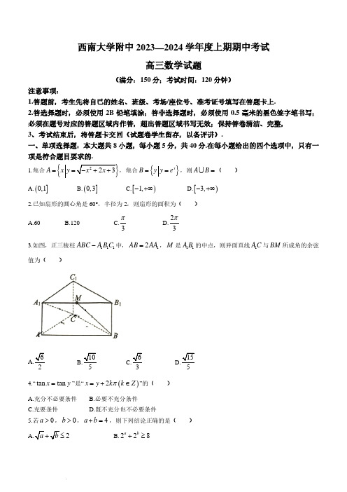 重庆市西南大学附属中学校2023-2024学年高三上学期期中考试数学试题