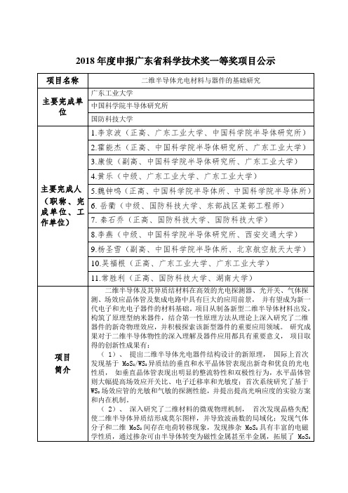 2018年度申报广东省科学技术奖一等奖项目公示