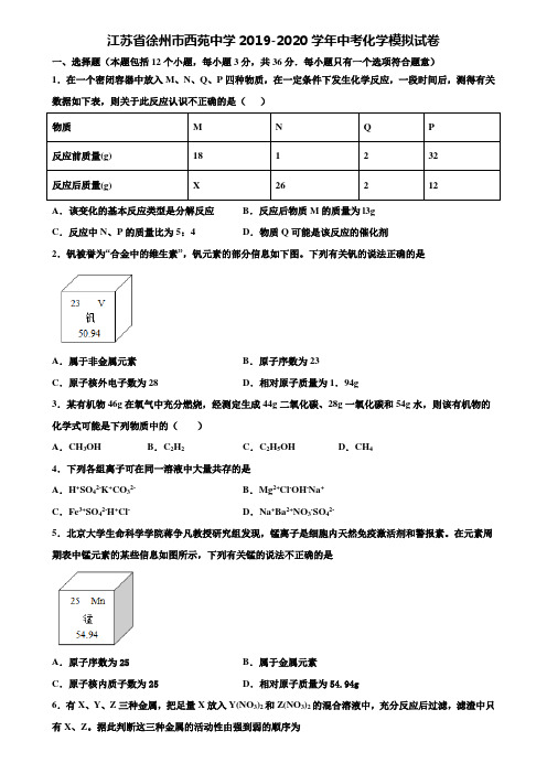 【附20套中考模拟试卷】江苏省徐州市西苑中学2019-2020学年中考化学模拟试卷含解析