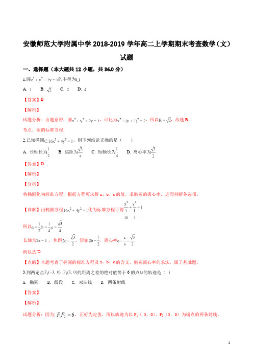 精品解析：安徽师范大学附属中学2018-2019学年高二上学期期末考查数学(文)试题(解析版)