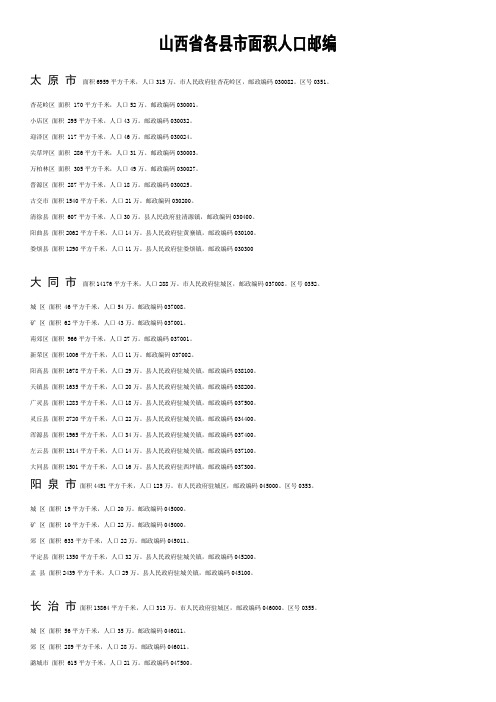 山西省各县市面积人口邮编