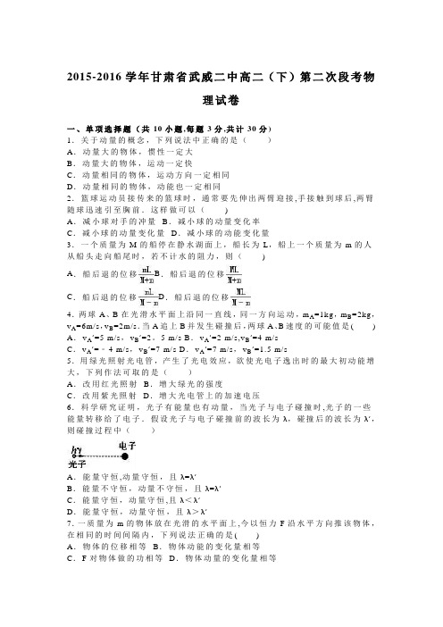 甘肃省武威二中2015-2016学年高二下学期第二次段考物理试卷 含解析