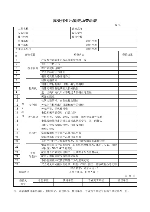 高处作业吊篮进场查验表