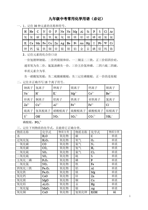 九年级化学的全部化学用语(改)