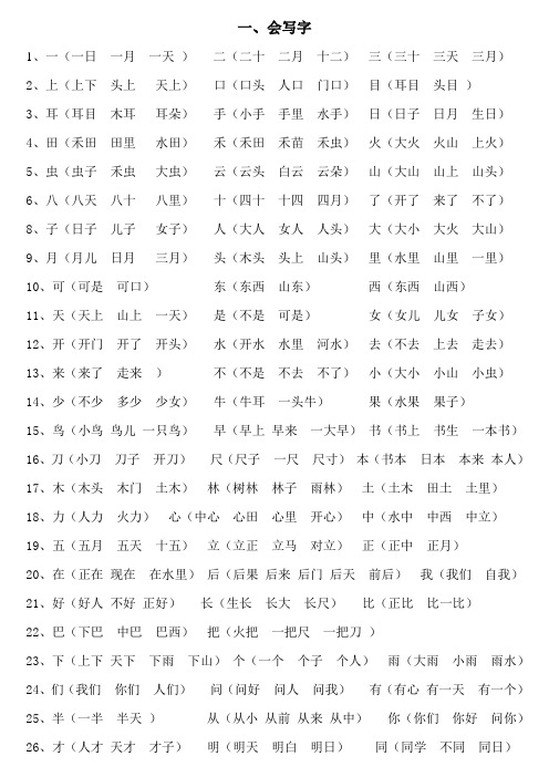 部编版一年级上册会写、会认字