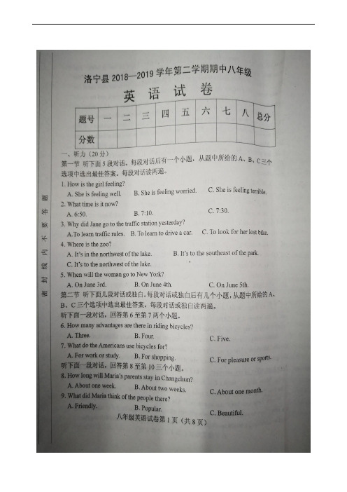河南省洛阳市洛宁县2018-2019学年八年级下学期期中考试英语试题(图片版)